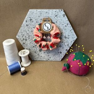 Handmade Strawberrry Print Scrunchie with matching Flower Earrings